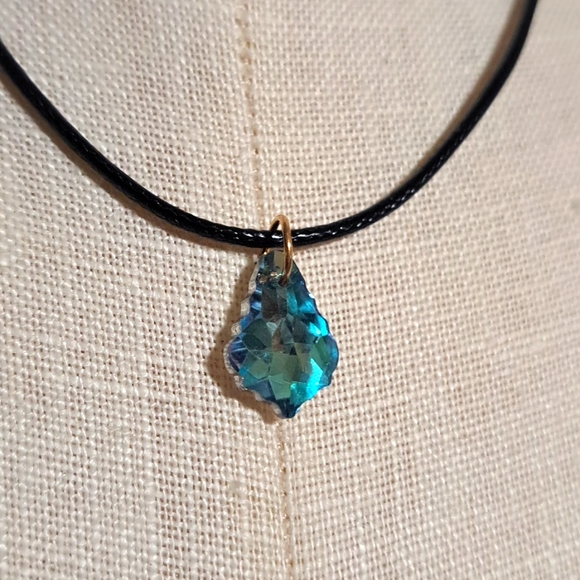 Charm Necklace Blue Crystal Pendant on Short Black Necklace - Picture 3 of 3